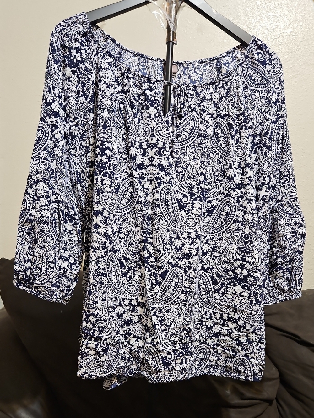 Navy Paisley Off-Shoulder Blouse